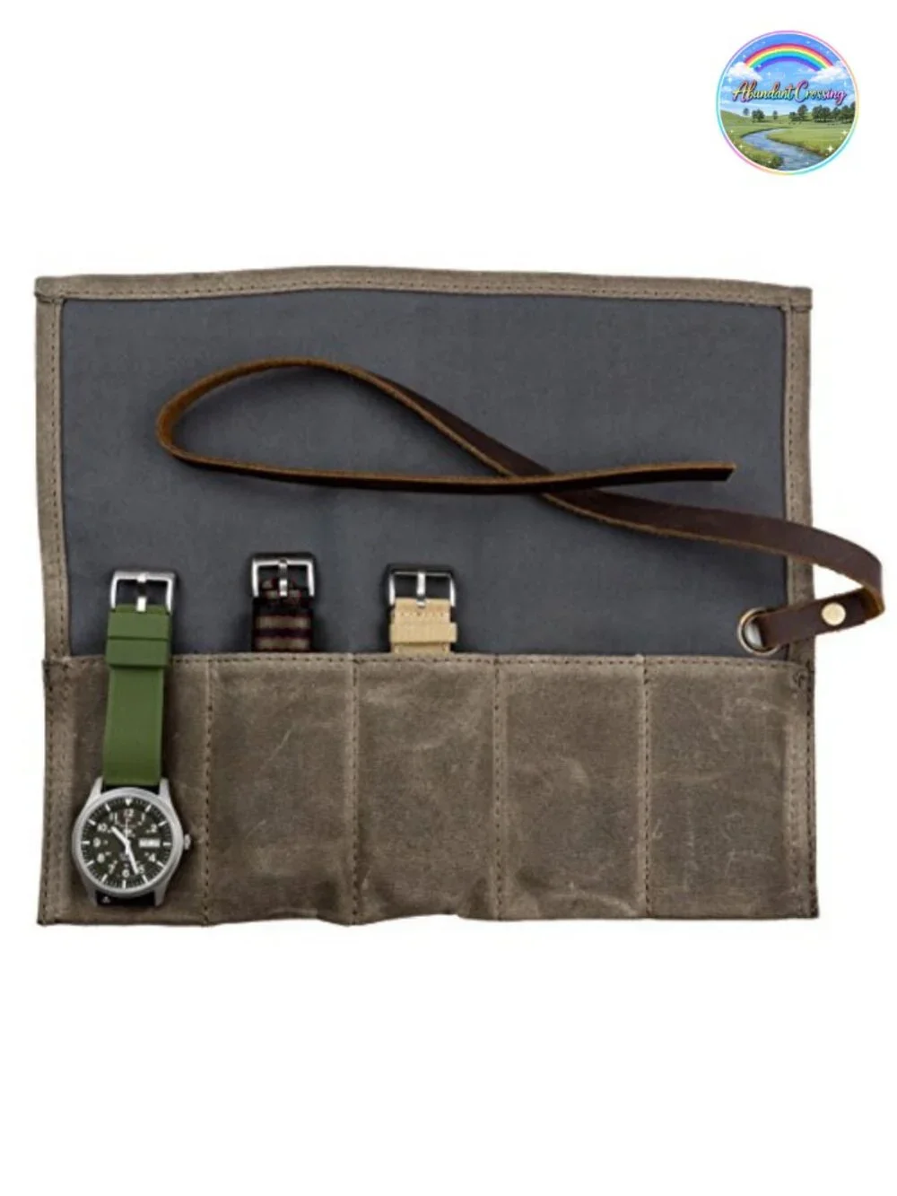 Waxed Canvas Watch Roll Travel Case for 5 Watches, Leather Trim, Genuine Leather